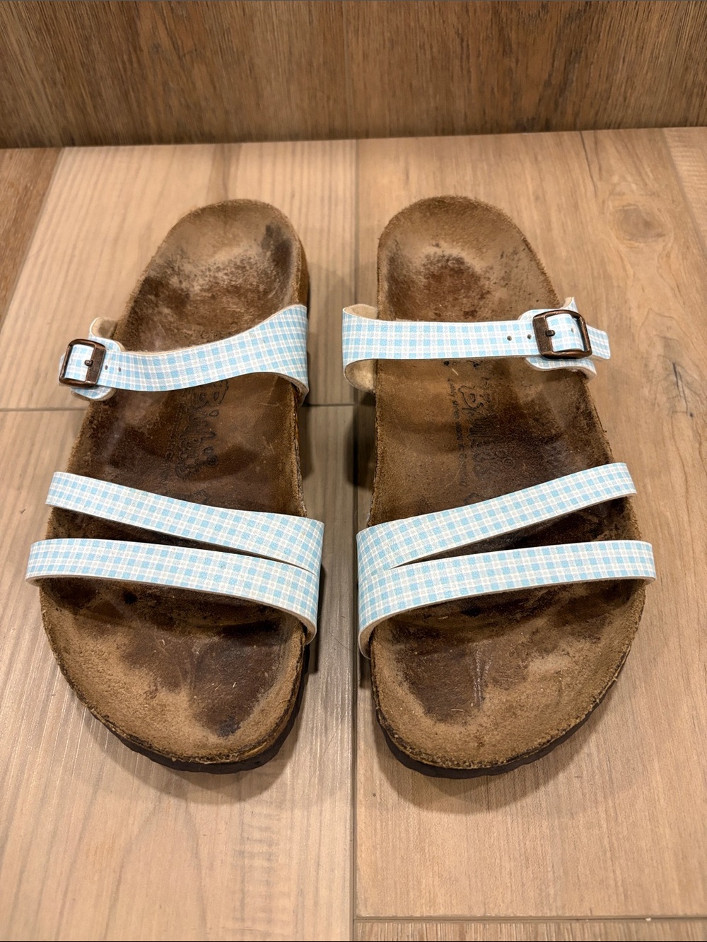 Birki’s Blue White Checked Gingham Plaid Triple-Strap Sandals size 39